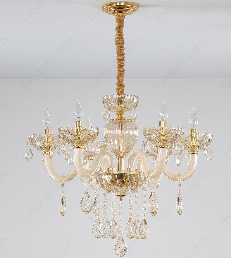 6 Light Amber Glass Italian Chandelier Light for Dining Hall - Warm White