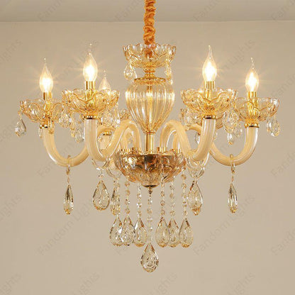 6 Light Amber Glass Italian Chandelier Light for Dining Hall - Warm White