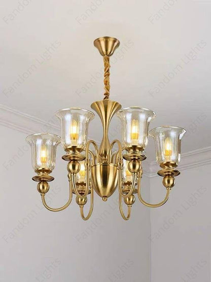 6 Light Champagne Glass Brass Italian Chandelier Light for Dining Hall