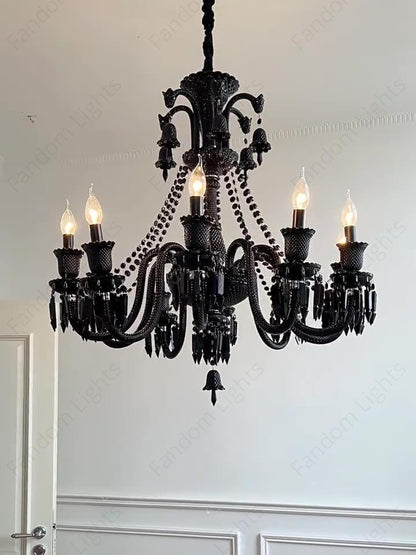 6 LIGHT Black GLASS ITALIAN CHANDELIER LIGHT FOR DINING HALL - WARM WHITE