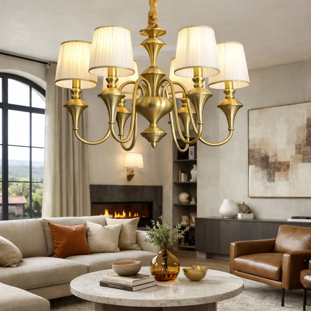 6 Light Frost Shade Brass Italian Chandelier Light for Dining Hall