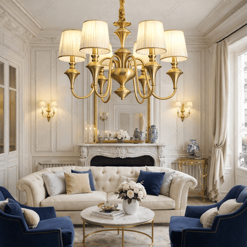 6 Light Frost Shade Brass Italian Chandelier Light for Dining Hall